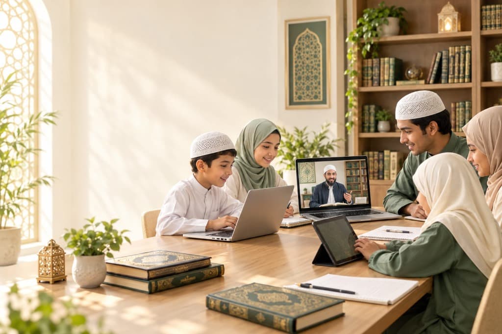 Muslim family studying online